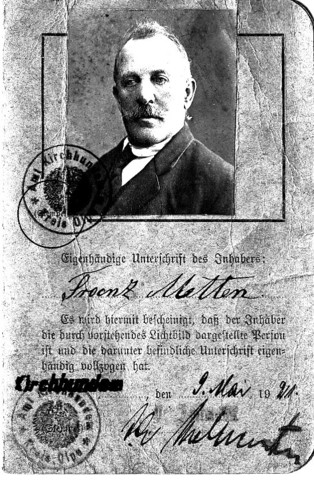Personalausweis, nur gültig für die Einreise in das besetzte rheinische Gebiet, vom 9. Mai 1921 des Franz Metten, geboren 1858.