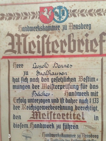 Meisterbrief vom Nachfolger Leopold Hennes