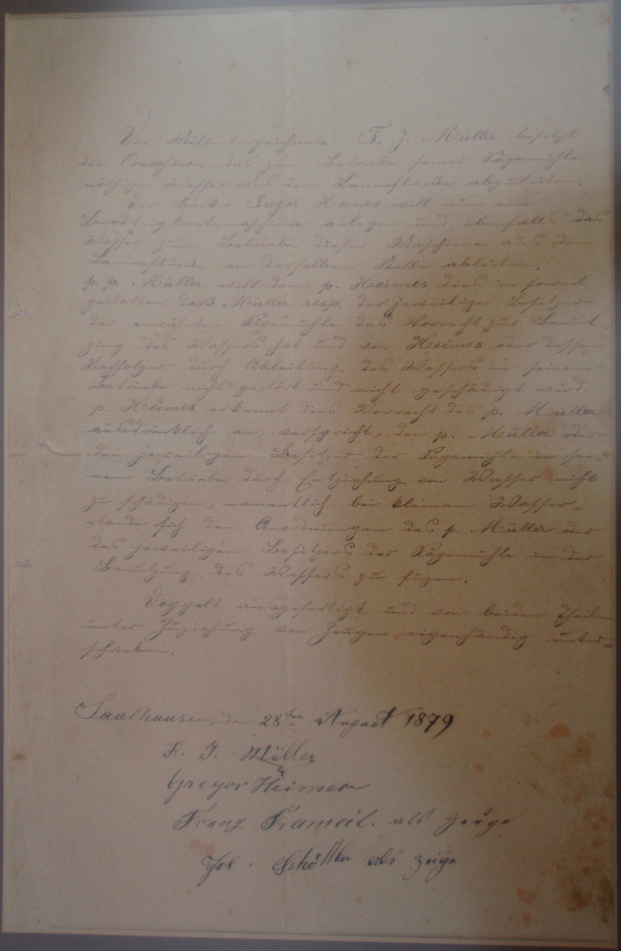 Saalhausen, den 28ten August 1879 / F. J. Müller / Gregor Heimes / Franz Rameil als Zeuge / Jos. Schöttler als Zeuge.