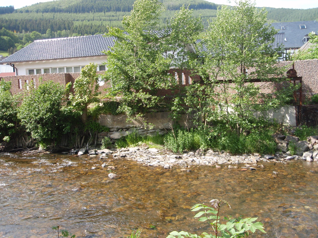 Hinter der Mauer zum Haus von A. Peetz sind noch Reste vom Einlauf zum Obergraben der alten Mühle zu sehen.